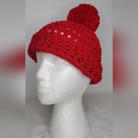 Source Unknown Accessories - Handmade Red Crochet Beanie with Pom Pom